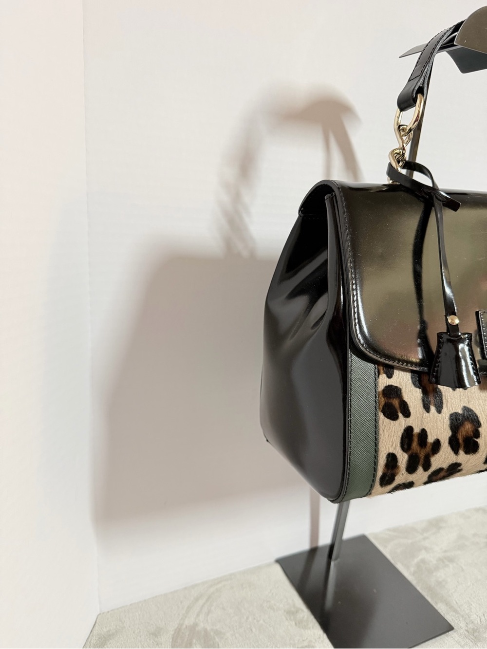 Black Leather and Leopard Accent Top-Handle Satchel - Picture 3 of 9